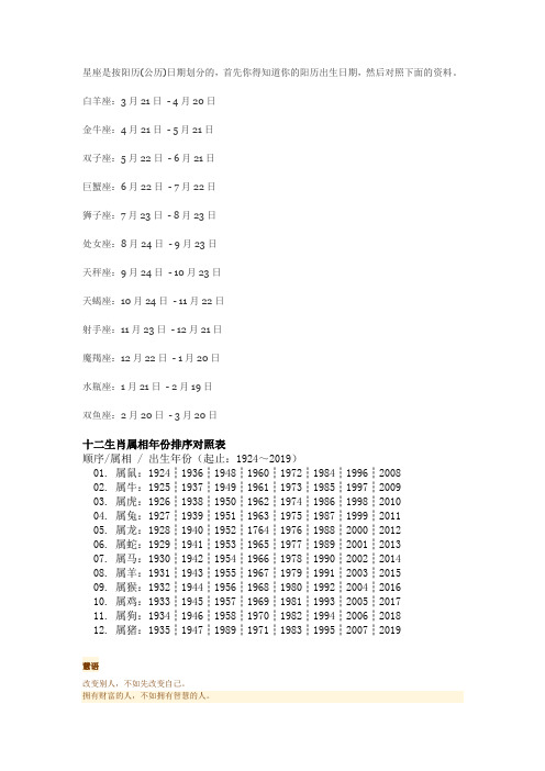 星座与属相的划分