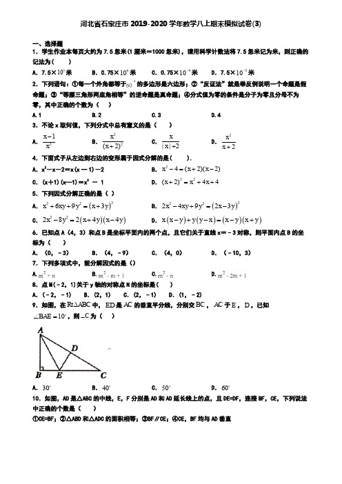 河北省石家庄市2019-2020学年数学八上期末模拟试卷(3)