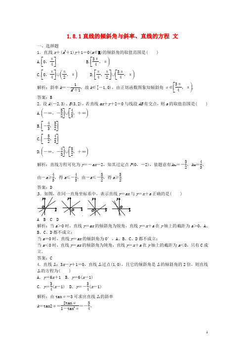 2014届高考数学一轮 1.8.1直线的倾斜角与斜率、直线的方程 文