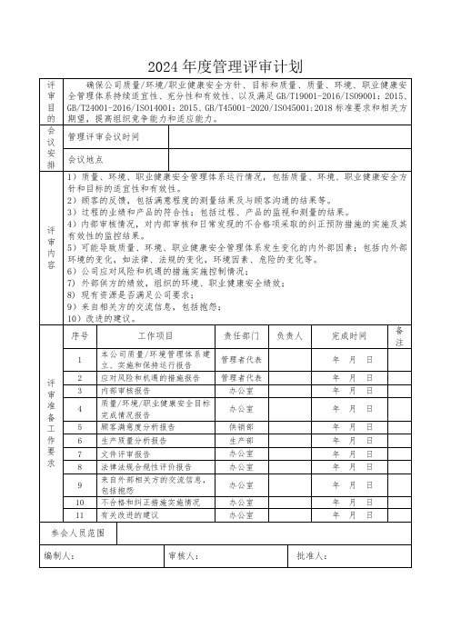 2024年度管理评审计划