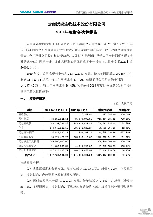 沃森生物：2019年度财务决算报告