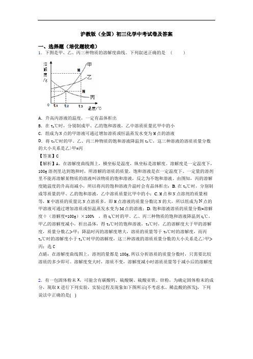 沪教版(全国)初三化学中考试卷及答案