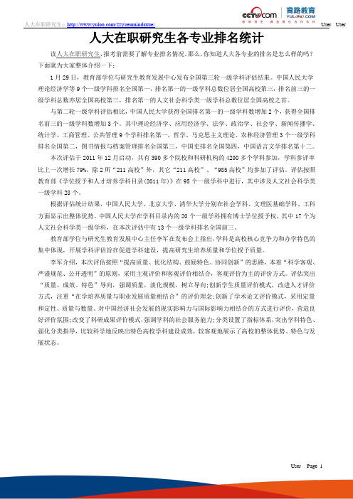 人大在职研究生各专业排名统计