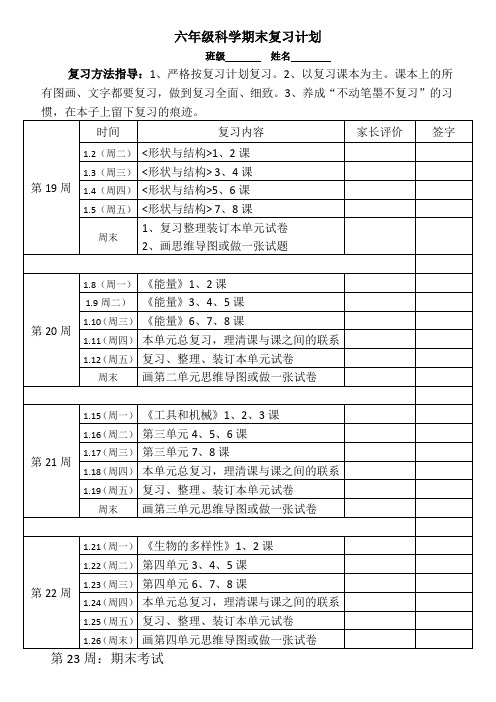 六年级科学期末复习计划