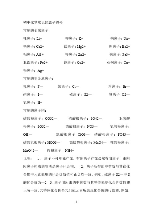 初中化学常见离子符号
