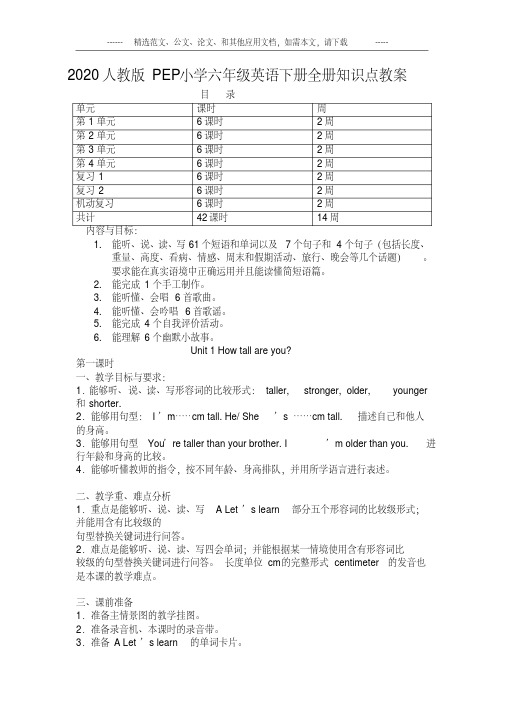 2020人教版PEP小学六年级英语下册全册知识点教案