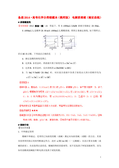 【备战2014】高考化学 易错题分类解析 电解质溶液 滴定曲线相关(含解析)(教师版)