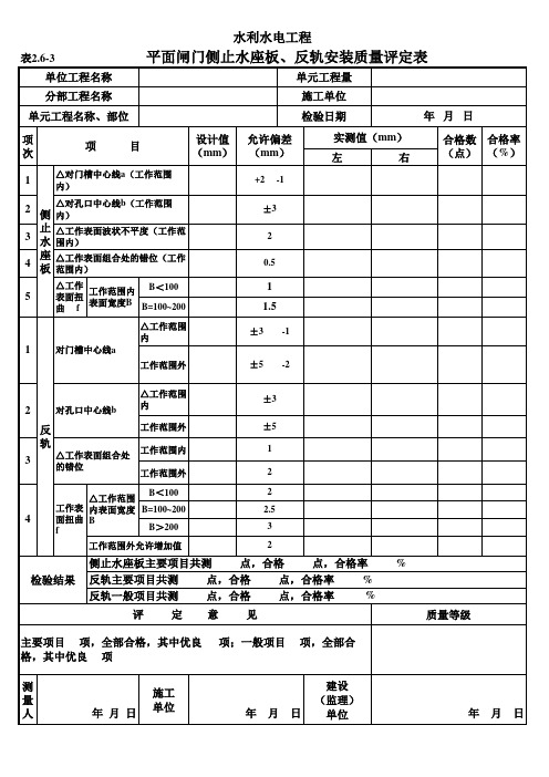 表2.6-3 平面闸门侧止水座板、反轨安装质量评定表