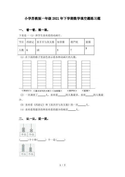 小学苏教版一年级2021年下学期数学填空题练习题