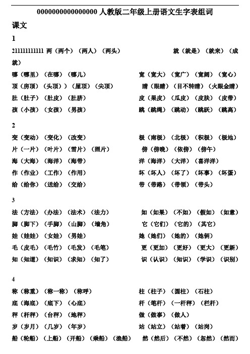 最新部编人教版二年级上册语文生字表组词打印版.doc