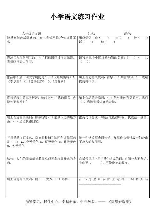 小学六年级语文课堂延伸练习I (100)