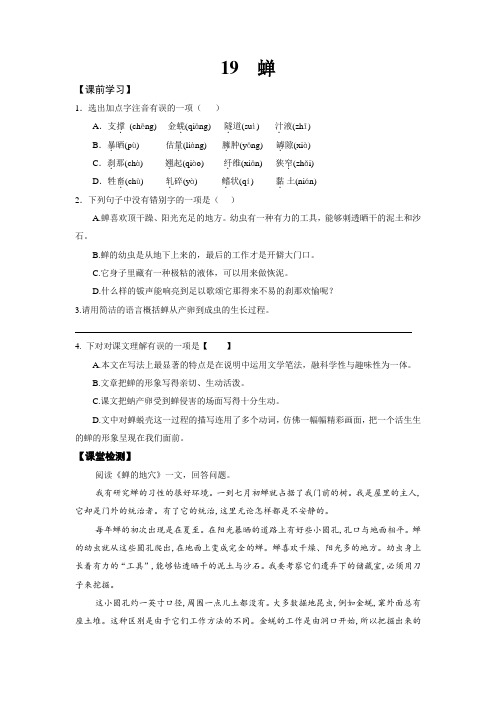 初中语文八年级(上)《19  蝉》同步练习及答案