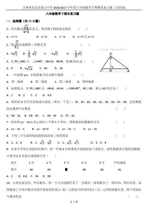 吉林省农安县靠山中学2016-2017学年度八年级数学下期期末复习题(无答案)