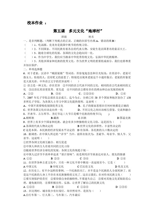 第五课 多元文化“地球村”校本作业
