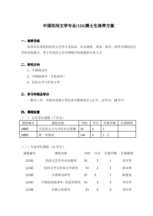 中国民间文学专业(124)博士生培养方案