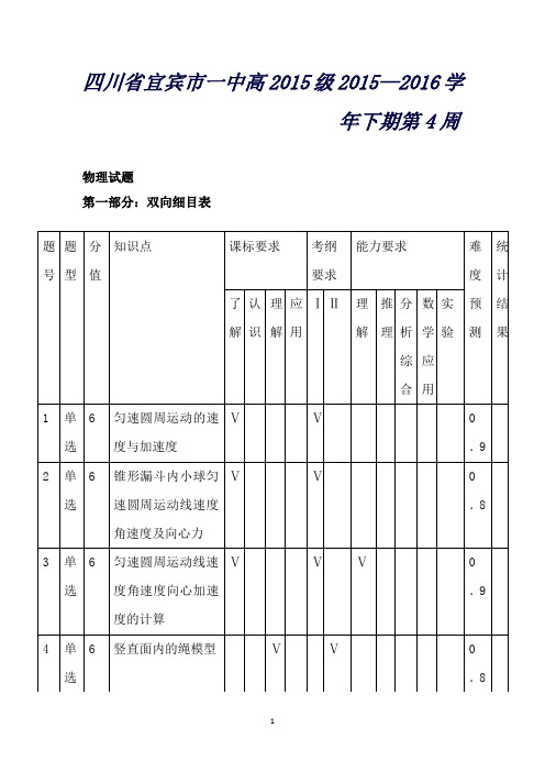 四川省宜宾市一中高一下学期第4周考试物理试题Word版含答案