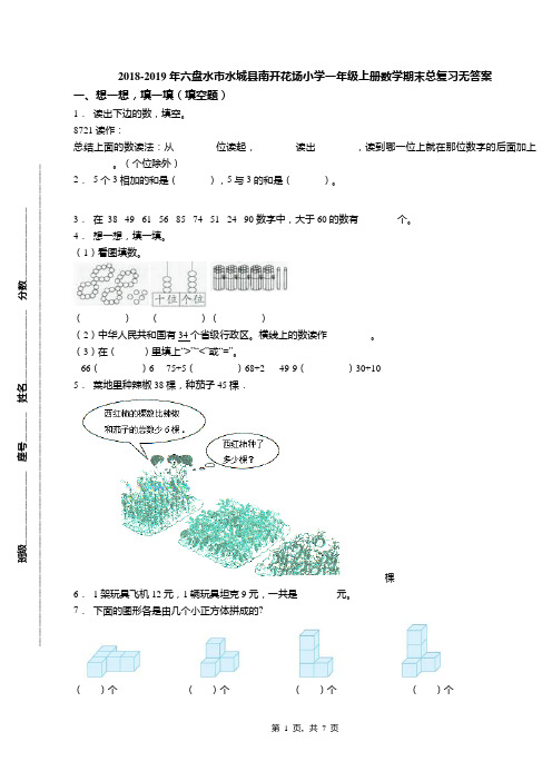 2018-2019年六盘水市水城县南开花场小学一年级上册数学期末总复习无答案