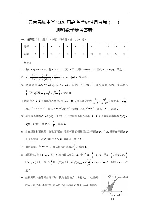 云南省云南民族中学2020届高三上学期质量监测(一)理数答案
