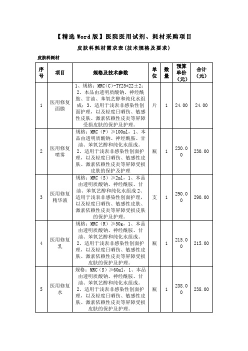 【精选Word版】医院医用试剂、耗材采购项目皮肤科耗材需求表(技术规格及要求)