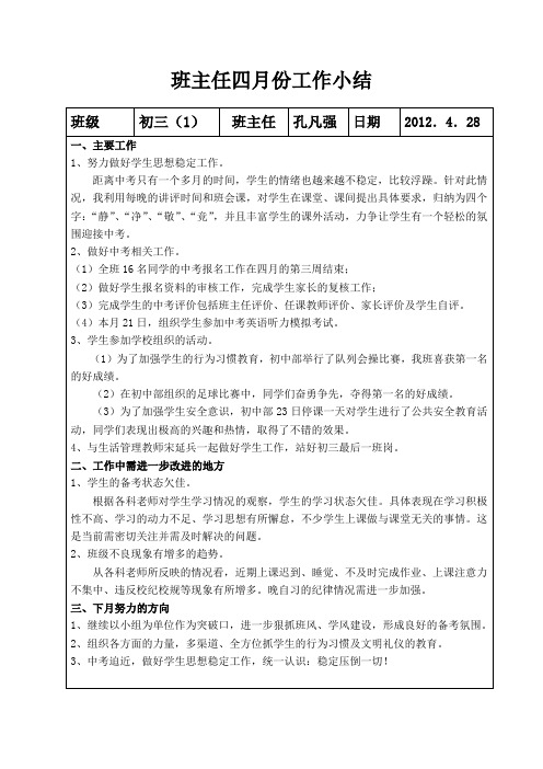 2012班主任工作四月份小结
