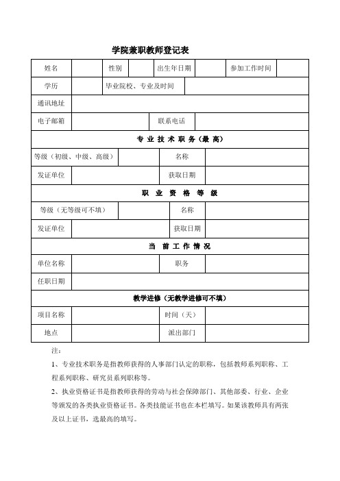 学院兼职教师登记表
