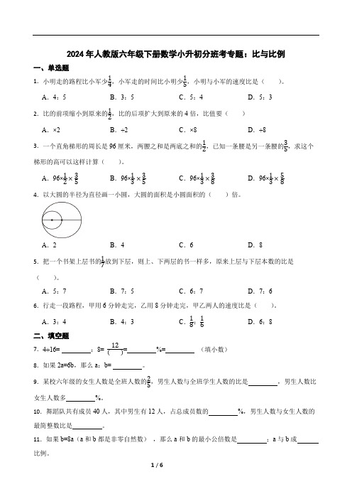 2024年人教版六年级下册数学小升初分班考专题：比与比例(含答案)