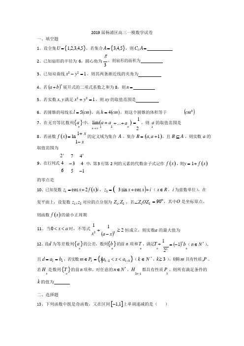 2019年杨浦区高三一模数学试卷(含标答)