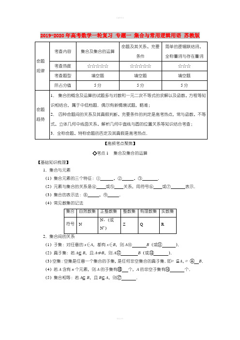 2019-2020年高考数学一轮复习 专题一 集合与常用逻辑用语 苏教版