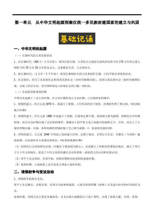 高一历史   从中华文明起源到秦汉统一多民族封建国家的建立与巩固  知识点