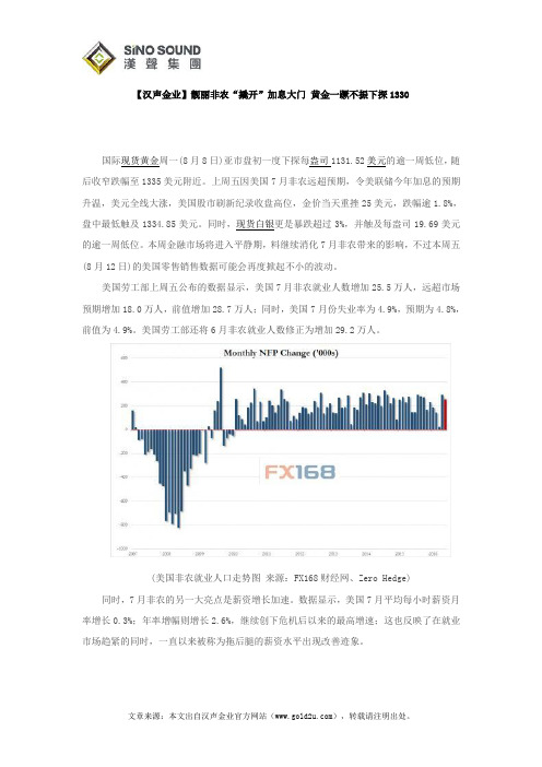 【汉声金业】靓丽非农“撬开”加息大门 黄金一蹶不振下探1330