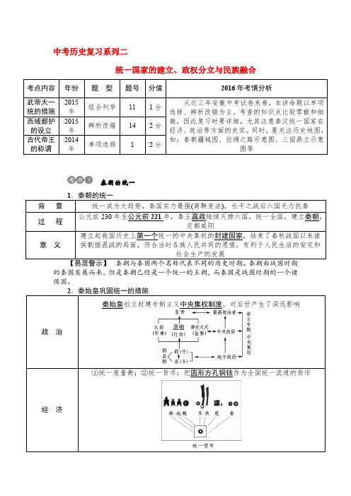 2016年中考历史复习二统一国家的建立、政权分立与民族融合