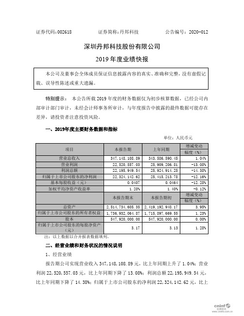 丹邦科技：2019年度业绩快报
