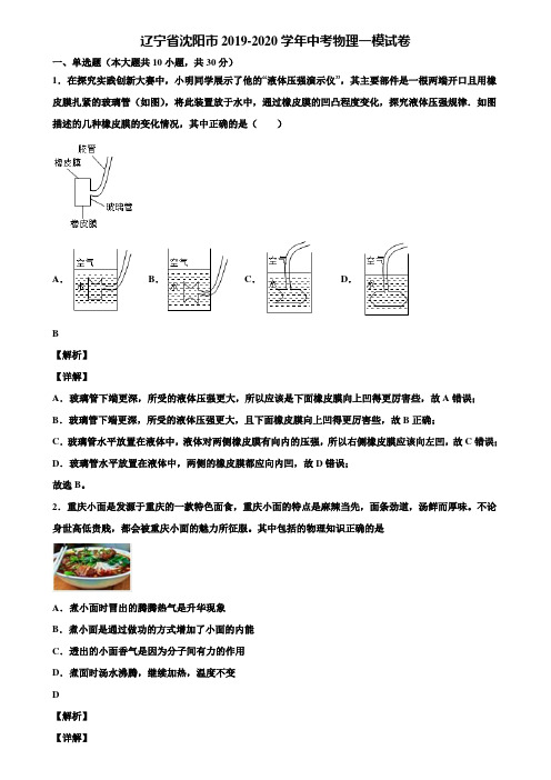 〖含中考模拟卷5套〗辽宁省沈阳市2019-2020学年中考物理一模试卷含解析