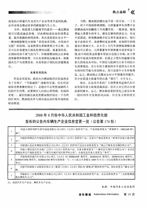 2008年8月份中华人民共和国工业和信息化部发布的公告内车辆生产企业信息变更一览(公告第174批)