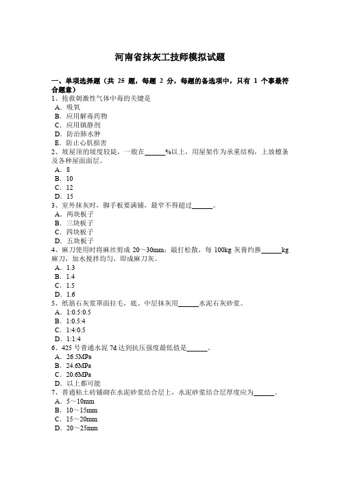 河南省抹灰工技师模拟试题