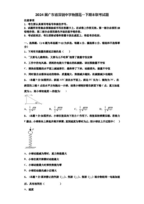 2024届广东省深圳中学物理高一下期末联考试题含解析