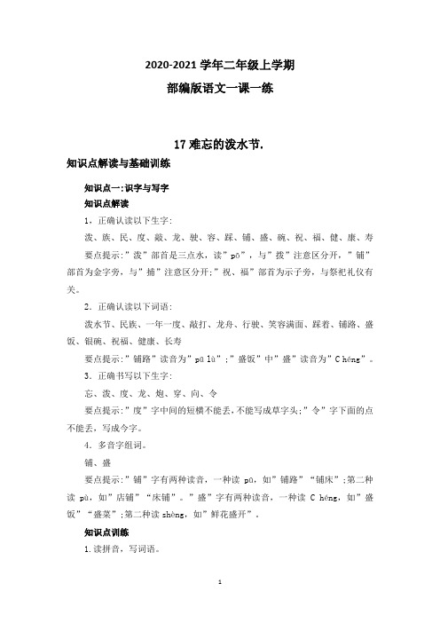 部编版语文二年级上学期 17难忘的泼水节一课一练(含答案)