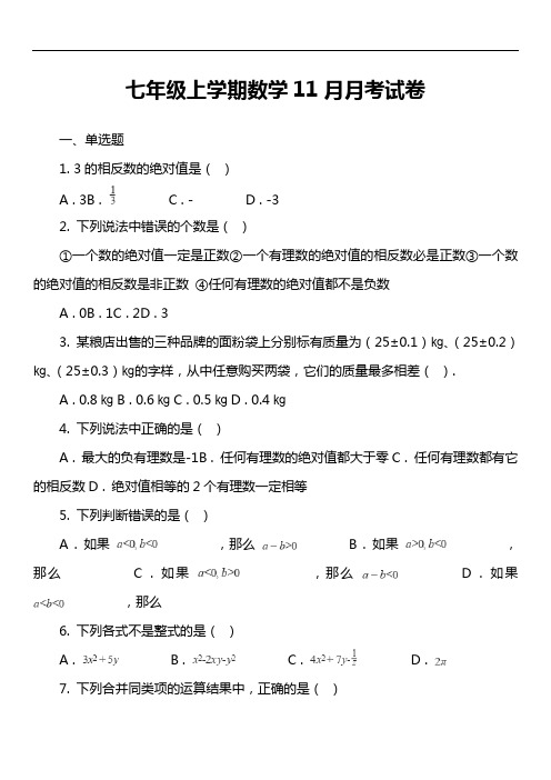 七年级上学期数学11月月考试卷第6套真题