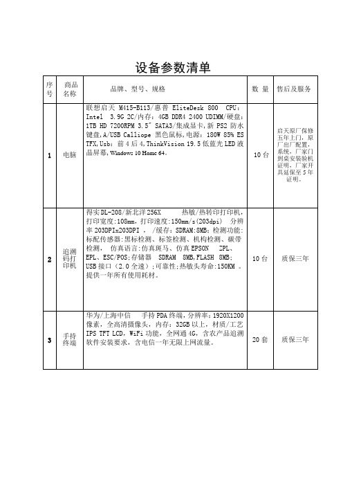 设备参数清单