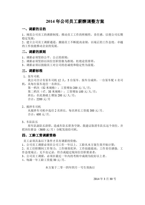 2014年公司员工薪酬调整方案