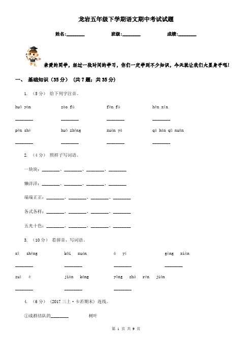 龙岩五年级下学期语文期中考试试题