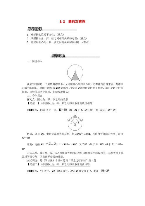 精品-2019春九年级数学下册第三章圆3.2圆的对称性教案新版北师大版