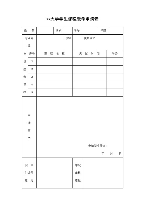 XX大学学生课程缓考申请表【模板】