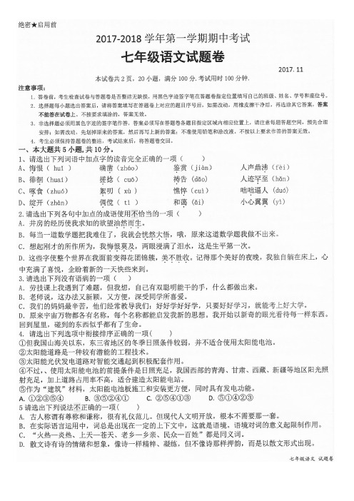 七年级上学期期中试卷(试卷+答题卡+答案)