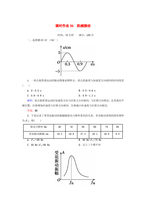 【红对勾】高三物理总复习 课时作业34 机械振动