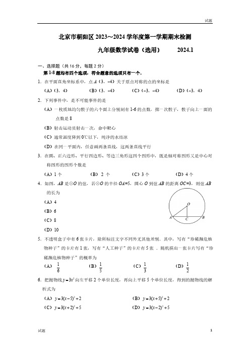 2024年北京朝阳区初三九年级上学期期末数学试题和答案