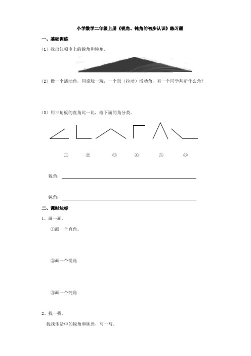 小学数学二年级上册《锐角、钝角的初步认识》练习题