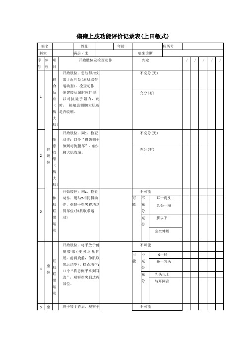 偏瘫上肢功能评价记录表(上田敏式)