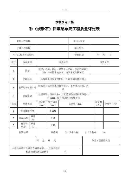 砂(或砂石)回填层单元工程质量评定表