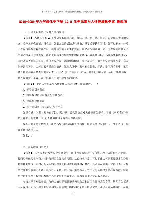 2019-2020年九年级化学下册 10.2 化学元素与人体健康教学案 鲁教版